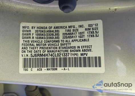 2012 Honda Cr-V Ex-L из США, поврежденный, VIN 5J6RM4H74CL021337